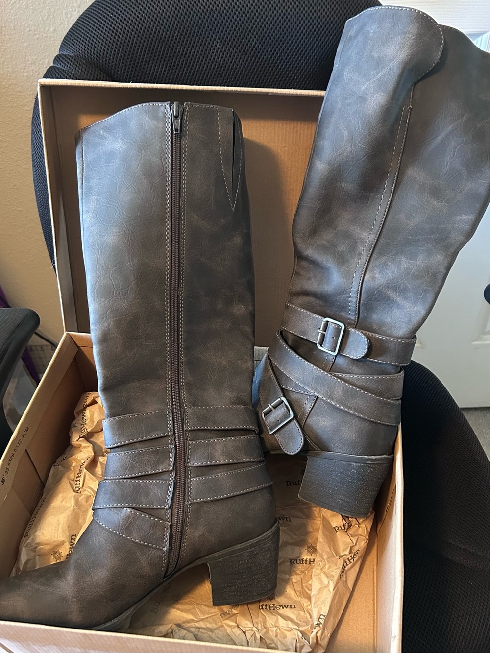 Ruff Hewn Dark Brown Mid-Calf Buckle Strap Heeled Boots